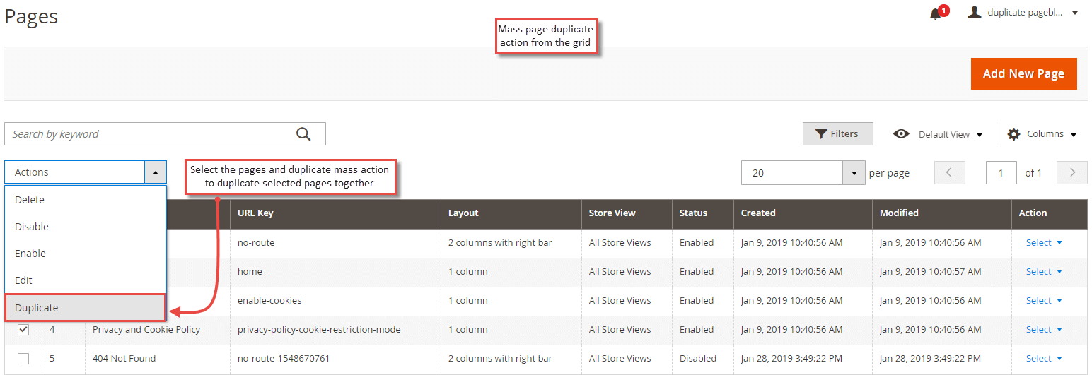 Mass Duplicate Page Action