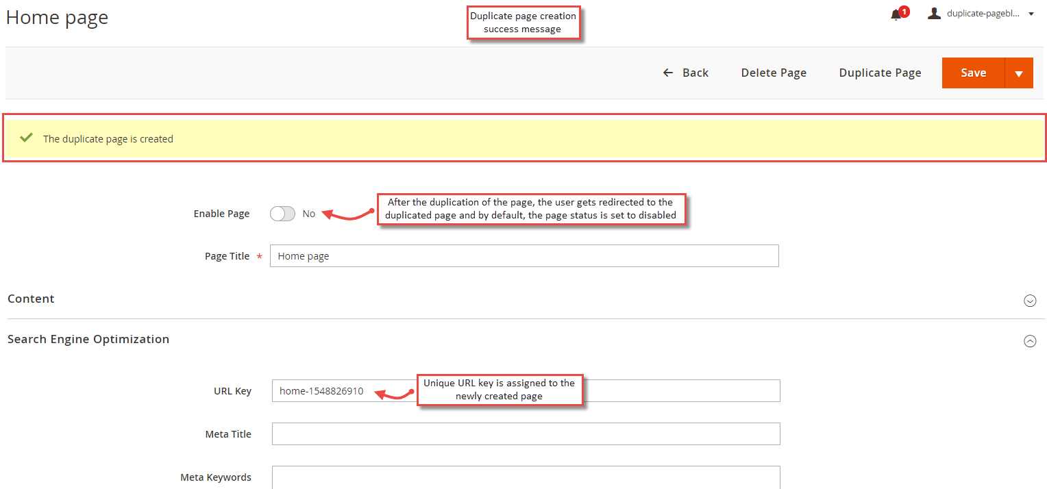 Duplicate Page Creation Success Message