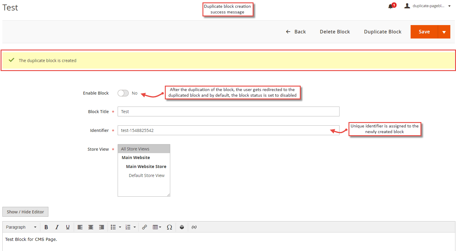 Duplicate Block Creation Success Message