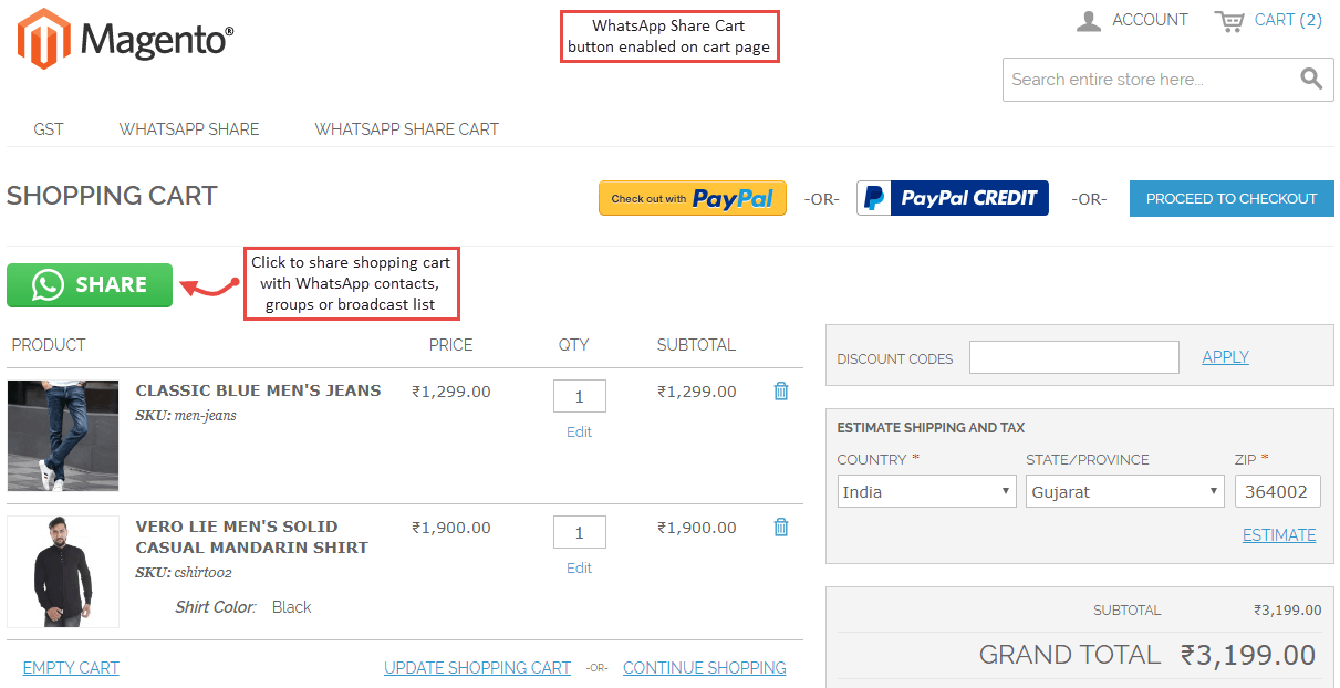 WhatsApp Share Cart button in cart page